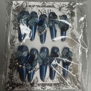Blue Floral Press On Nails Embellished Rhinestone Roses Fake‎ Nail Set
